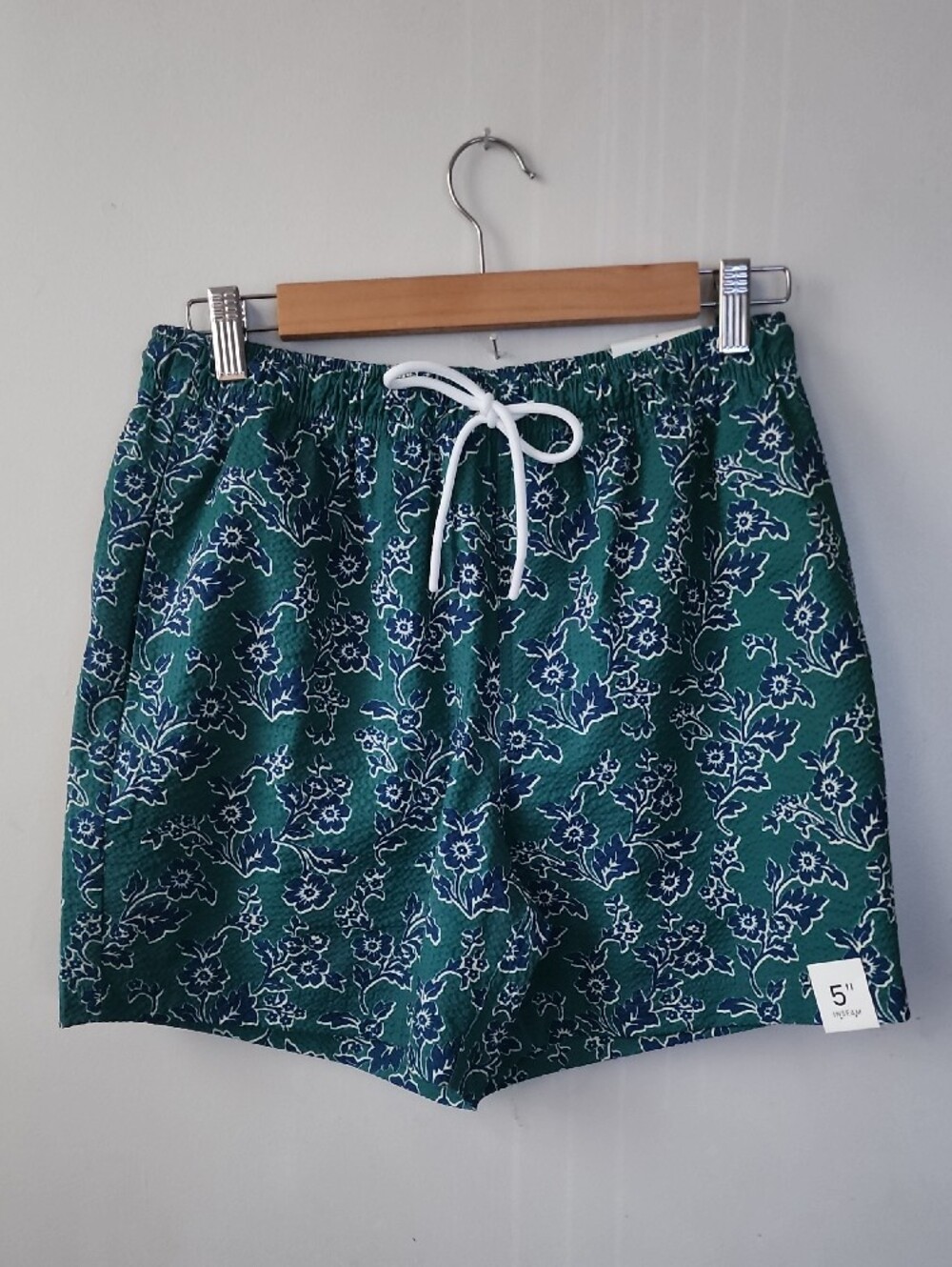 Men's Teal Floral Swim Trunks with White Drawstring - Picture 4 of 12